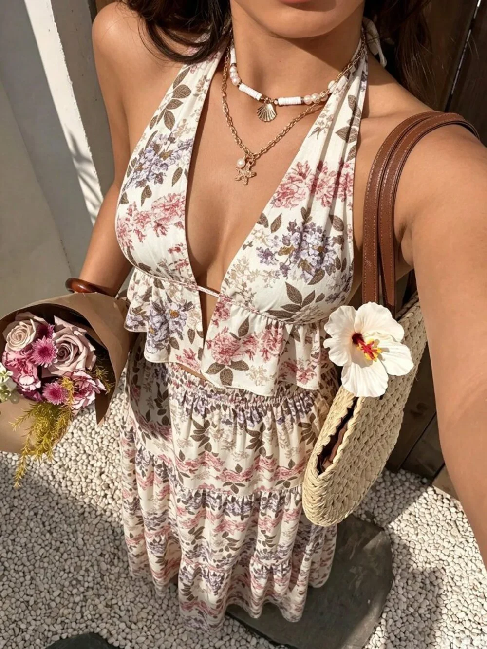 Multicolor Boho Women's Floral Maxi Halter Neck top & maxi  Skirt coord set